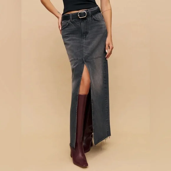 Reformation Tazz Maxi Denim Slit Front Skirt in Liman Wash Size 24 - Picture 2 of 13